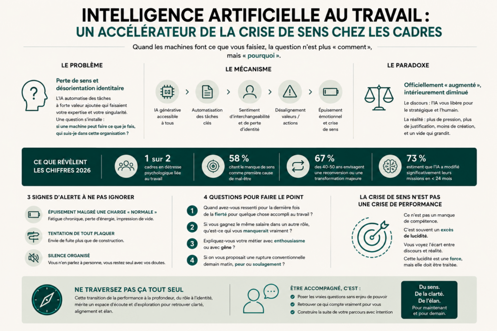 Infographie Intelligence Artificielle au travail : problème, mécanisme et paradoxe de la crise de sens chez les cadres en 2026, avec chiffres clés et signes d'alerte