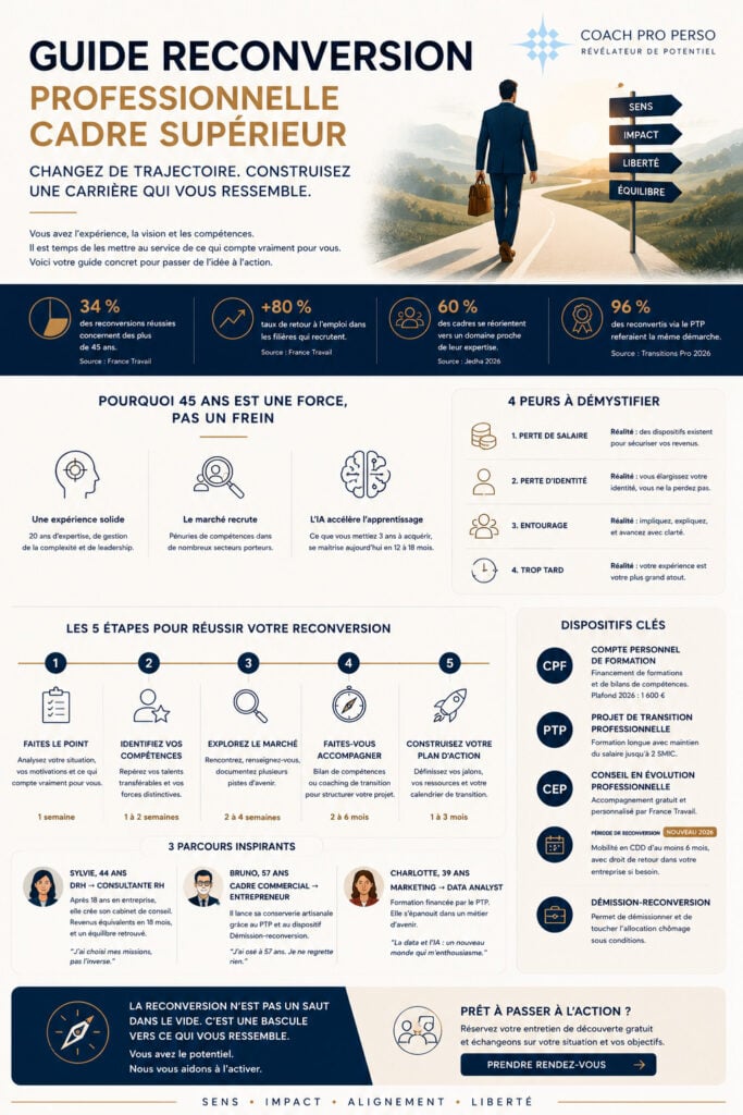 Infographie guide reconversion professionnelle cadre supérieur - 5 étapes, 4 peurs à démystifier et dispositifs clés