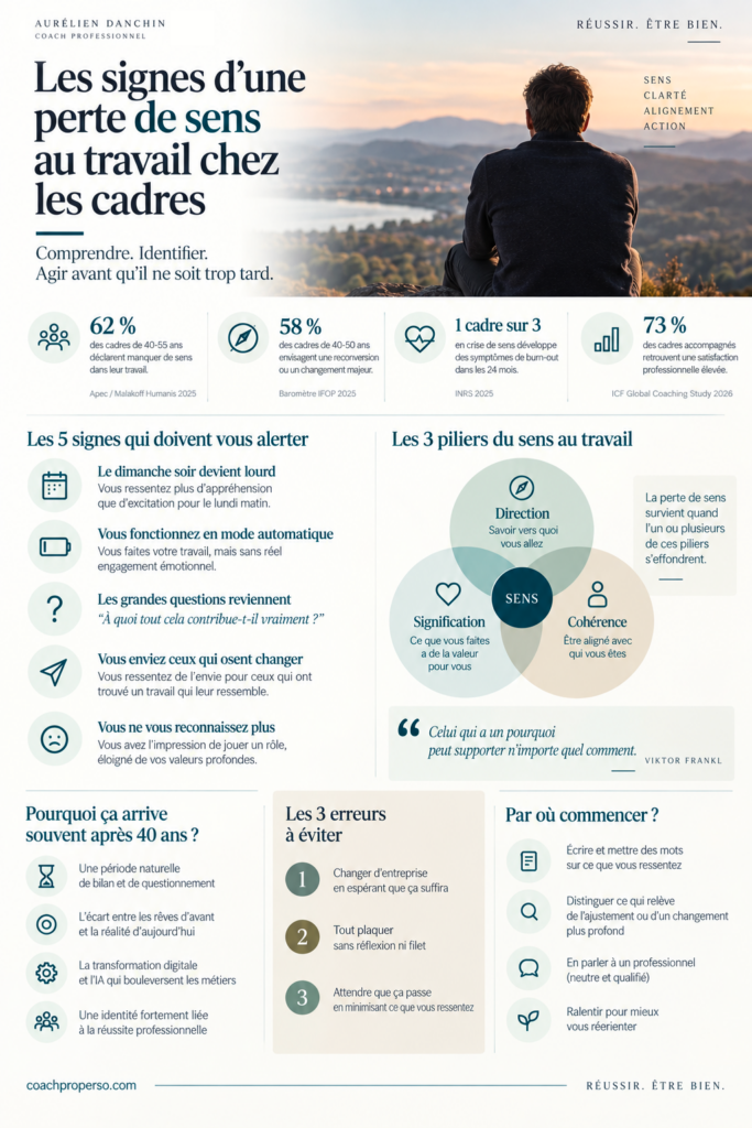 Infographie sur les signes d’une perte de sens au travail chez les cadres après 40 ans
