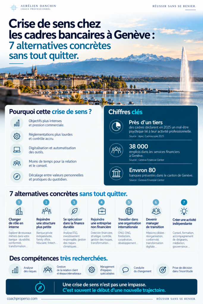 Infographie crise de sens au travail des cadres bancaires à Genève : 7 alternatives